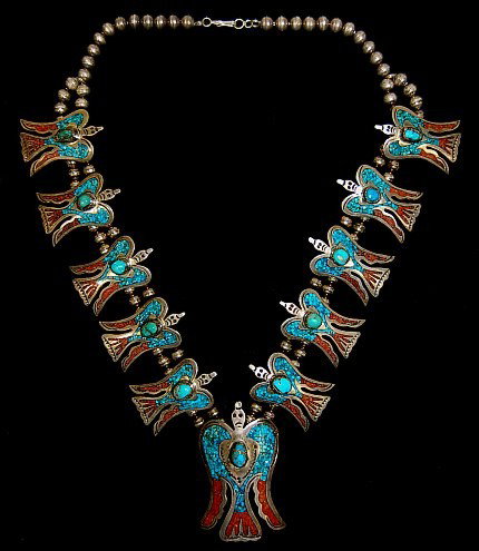 Navajo sterling peyote bird 24" squash necklace: Vintage Navajo sterling peyote bird 24" squash necklace by B. Ben having 10 peyote bird blossoms, each inlaid with mosaic chips and a turquoise cabochon plus a peyote bird naja c.1960-1970