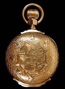 1890 American Waltham 14K pocket watch: 1890 American Waltham 14K hunting cased pocket watch model 1883, 14K fully engraved front and back cover with 14K dust cover, 18 size, excellent condition, not running (needs balance staff)