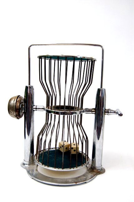 Vintage Chuck-A-Luck chrome dice cage: Vintage Chuck-A-Luck chrome dice cage with bell ringer c.1940 measuring 16.25" tall