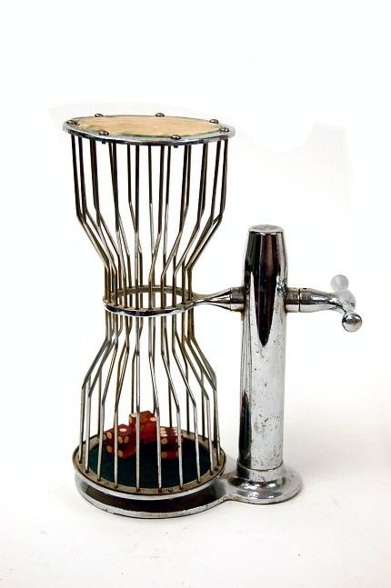 Vintage Chuck-A-Luck chrome dice cage: Vintage Chuck-A-Luck chrome dice cage with 3 red dice c.1940 measuring 11.5" tall