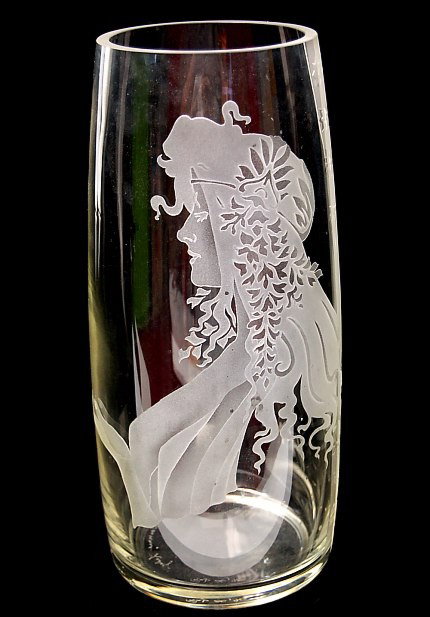 Perry Coyle etched Art Glass 12.5" vase: Perry Coyle etched Art Glass 12.5" vase "Nouveau Lady" in excellent condition no chips or cracks