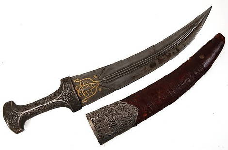 RARE Indo-Persian sterling damascus dagger: RARE Indo-Persian Moughal Rasput dagger having an engraved sterling handle with 24K gold inlay to the 11" Damascus blade, the sheath also having engraved sterling to the upper area, the lower being le