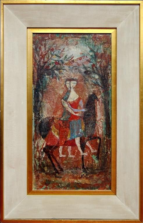 Luciano Spazzali original oil painting: Luciano Spazzali (né 1911) Italy, original oil painting on canvas collage with paper, canvas and board depicting a cavalier amorous couple on horseback, the image measuring 24" x 12", dated 1958, art