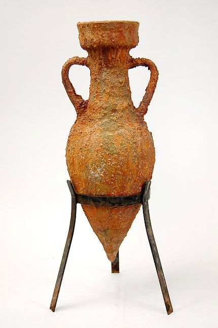 Agean amphora pottery vessel 300 BC-300 AD: Agean amphora pottery vessel measuring 19.5", mounted in a museum style display stand, shipwreck recovered, c.300 B.C.-300 A.D.