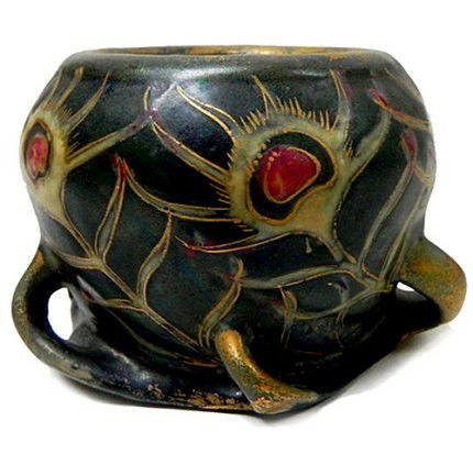 Art Nouveau Amphora pottery vase: Art Nouveau Amphora hand painted pottery vase having six protruding handles from the base, beautifully handmade and painted, measuring 3.1" tall x 5" wide c. 1900