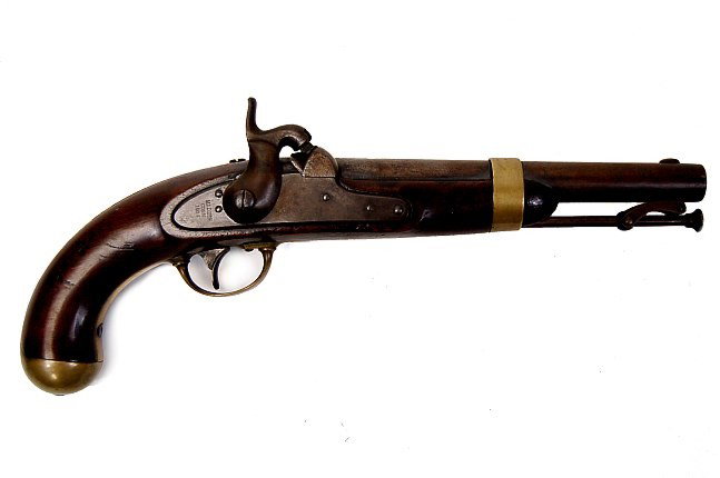 H. Aston model 1852 .58 cal. pistol: H. Aston model 1852 .58 cal. American percussion pistol, 100% original, all hallmarked present, mfg. H. Aston & Co., MiddTn, Conn., "WAJ" and "WN" on stock, end cap near perfect a fine pre-Civil War p