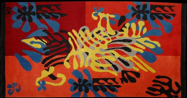 Henri Matisse hand woven tapestry: Henri Matisse (1869-1954) designed hand woven tapestry textile rug "Mimosa" c.1951, Axminster construction, woven by Alexander Smith, number 321 of 500 made, having the artist's initials "H. M." woven