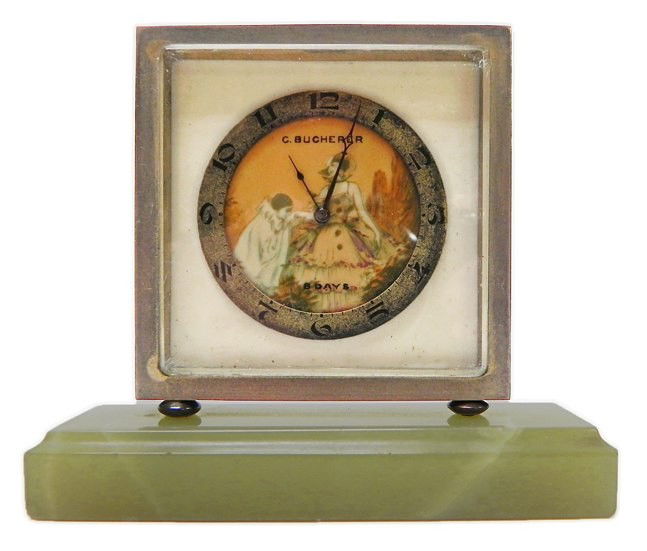 Bucherer Art Deco 8 day clock: C. Bucherer Art Deco 8 day bronze desk clock with green marble base, depicting a harlequin kissing a woman's hand, measuring approx. 4" tall x 4.5" wide at base, c. early 20th century
