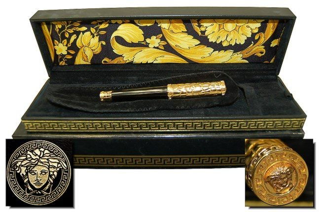New Giani Versace fountain pen: New Giani Versace fountain pen in original box having Medusa black and gold lacquer, retail $649.00