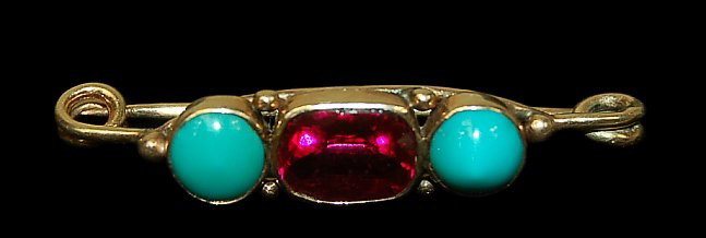 12K Persian turquoise ruby brooch 1940's: Vintage 12K Persian turquoise and flame fused synthetic ruby (having slight loss to one facet) brooch measuring 1.62" long c.1940