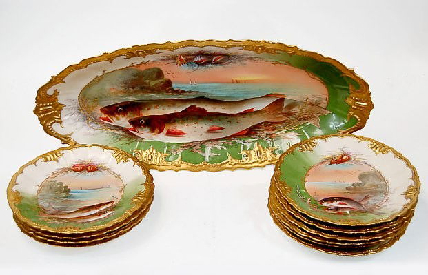 Limoges hand painted fish set 1890-1910: Lewis Straus and Sons Limoges (LS & S) hand painted fish set consisting of a 24" x 10.5" platter and ten 9.5" plates, all having the red overglaze back-stamp, all in very fine condition, no chips or r
