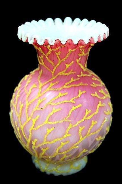 Webb Coralene Art Glass vase: Scarce Webb Coralene Art Glass vase having coralene seaweed applied over a herringbone pattern of pink over white satin glass with ruffled rim, measuring 5.5" tall, excellent condition