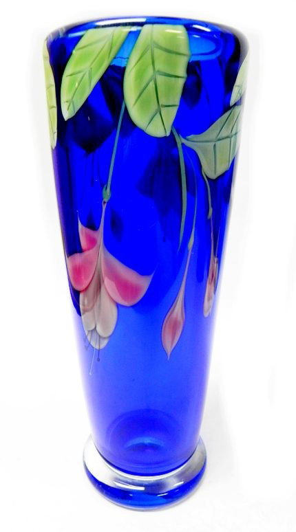 Orient and Flume Art Glass Vase: Beautiful Orient and Flume Glass Vase inÂ excellent condition, dimensional floral motif,Â signed on base, measuring approx. 10.5" tall x 4.75" lip diameter
