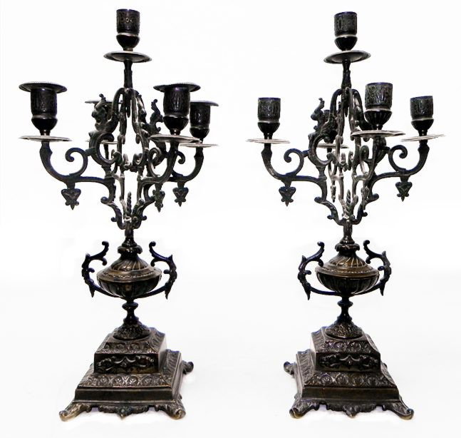 Pair of 17" bronze candleabras c.1850: Pair of antique 5 stick bronze candleabras, measuring approx. 17" tall, c.1820-1850
