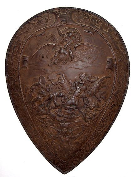 Shield depicting Zeus and the Titans: Cast shield depicting Zeus (Jupiter) atop an eagle, lightning in hand battling the Titans, the shield measuring 30" x 21", having wonderful detail and a rich patina, the maker marked in Cyrillic, a fa