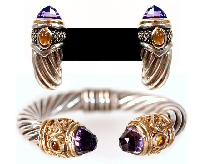 David Yurman style bracelet and earrings: David Yurman style 14K and sterling cable bracelet and earrings set, each capped with large faceted amethyst cabochons and accented with bezel set citrine, one earring having a flea bite to the ametys
