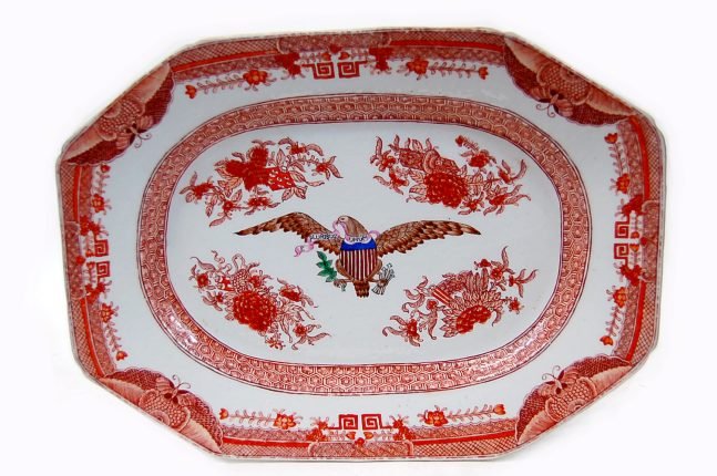 Chinese Kutani porcelain platter 19th c.: Chinese Kutani hand painted porcelain platter having an American eagle with the "E Pluribus Unum" logo at the center, the platter measuring 14.5" x 10" in excellent condition, no chips or cracks, late