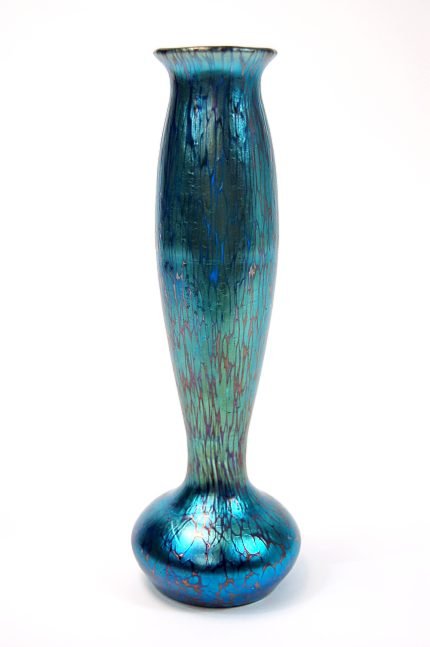Loetz 8.25" blue-blue-green iridescent crackle bud: Loetz 8.25" blue-blue-green iridescent crackle bud vase streaked with gold and red veining, polished pontil, excellent condition, no chips or cracks