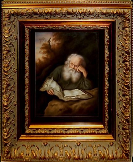 K.P.M. 19th cen. hand-painted porcelain plaque depi: K.P.M. 19th cen. hand-painted porcelain plaque depicting a robed scholar, the image measuring 10" x 7", professionally framed and matted under UV glass, measuring 17.5" x 15" overall, partial K.P.M. i