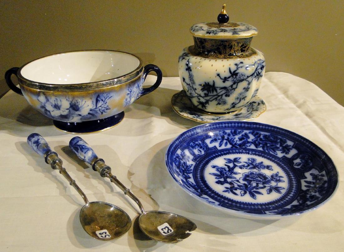 Flow Blue Crescent, Daulton, Bussun Group: Flow Blue group to include: Crescent England rare double-handled open bowl with silver banding, floral (4.5"h x 9"); Flow Blue rare floral handled serving spoon & fork (10.5"l); Daulton England Bursle