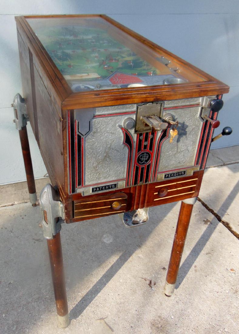 Jennings Pin Ball Machine Sportsman 5 Cent: Pin ball machine, 1930-1940, by O.D. Jennings & Company, Chicago, IL, Sportsman 5 cent, looks great and has good graphics (44" x 18" x 39").