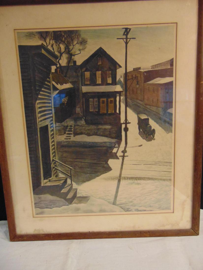 WPA print of a winter street scene 1930, 21" x 24-1/2": WPA print of a winter street scene, 1930, 21" x 24-1/2" framed
