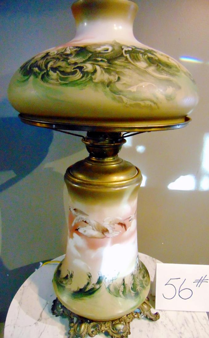 Hand Painted Oil Lamp Mermaid & Seagulls Pittsburgh Lam: Stunning hand painted oil lamp, "Mermaid and Seagulls," made by the Pittsburgh Lamp, Brass and Glass Co, depicting seagulls & sea urchins, matching shade & base, has been electrified, excellent condit