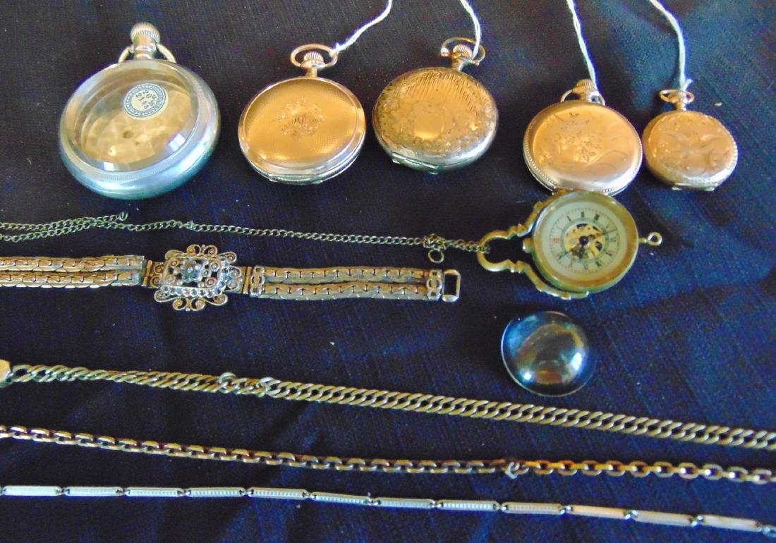 Group of Watches & Fobs: Large group of pocket watches and fobs to include: rare ball crystal pocket watch; 2 new old stock cases; Victorian bracelet; and more.