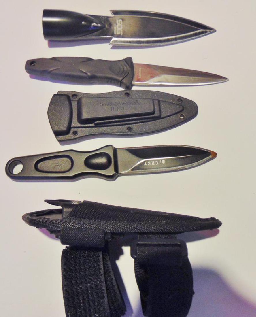 Throwing Knives With Sheaths SOG Spearhead AG Russel: Group to include: 2 single throwing knives w/sheaths; along with SOG spearhead (6.5"); A.G. Russel Sting (7"); and Smith & Wesson HRT (7"); all in excellent condition.