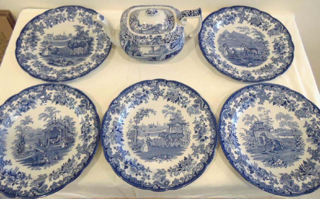 Spode Blue and White Zoo Animal Plate Collection &: 5 blue and white Spode zoo animal plate collection to include camels, zebras, tigers, kangaroos and rhinos (10" r) along with a contemporary Spode covered tea pot (6" h x 10" w).