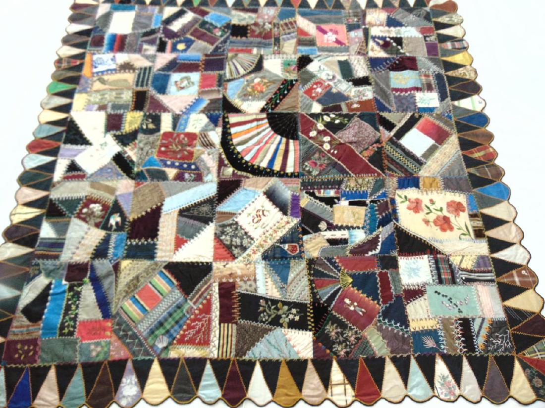 Folk Art Crazy Quilt Campaign Ribbons George Washington: Folk art crazy quilt, absolutely stunning, with floral embroidered flowers, birds, people, campaign ribbons to include George Washington ribbon sewed into it, cross stitching figure, fan shapes with a