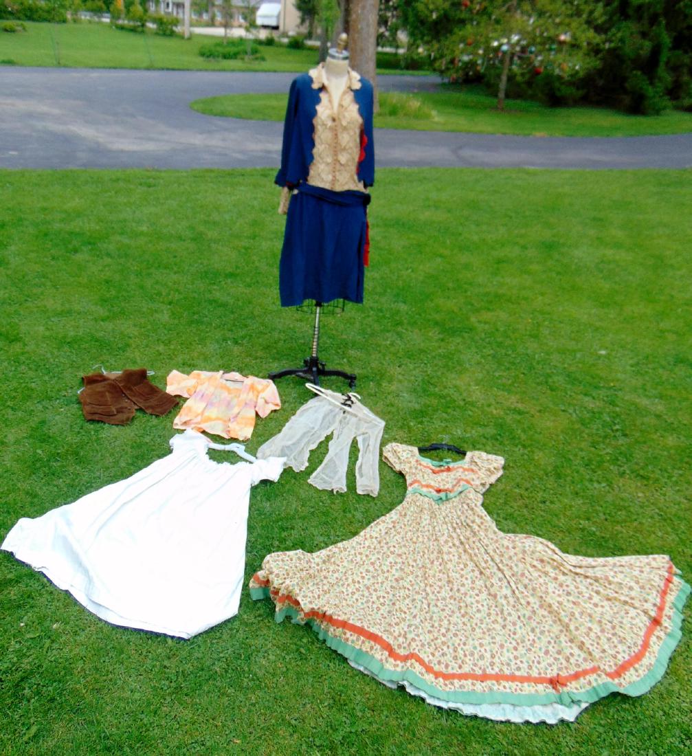 Vintage Garments Night Dress, 1920's Silk Dress, 1900's: Lot of 6 vintage garments including1870's home spun night dress,1920's silk dress with cloisonné buttons (damaged),1900's corduroy vest and 1930's floral dress.