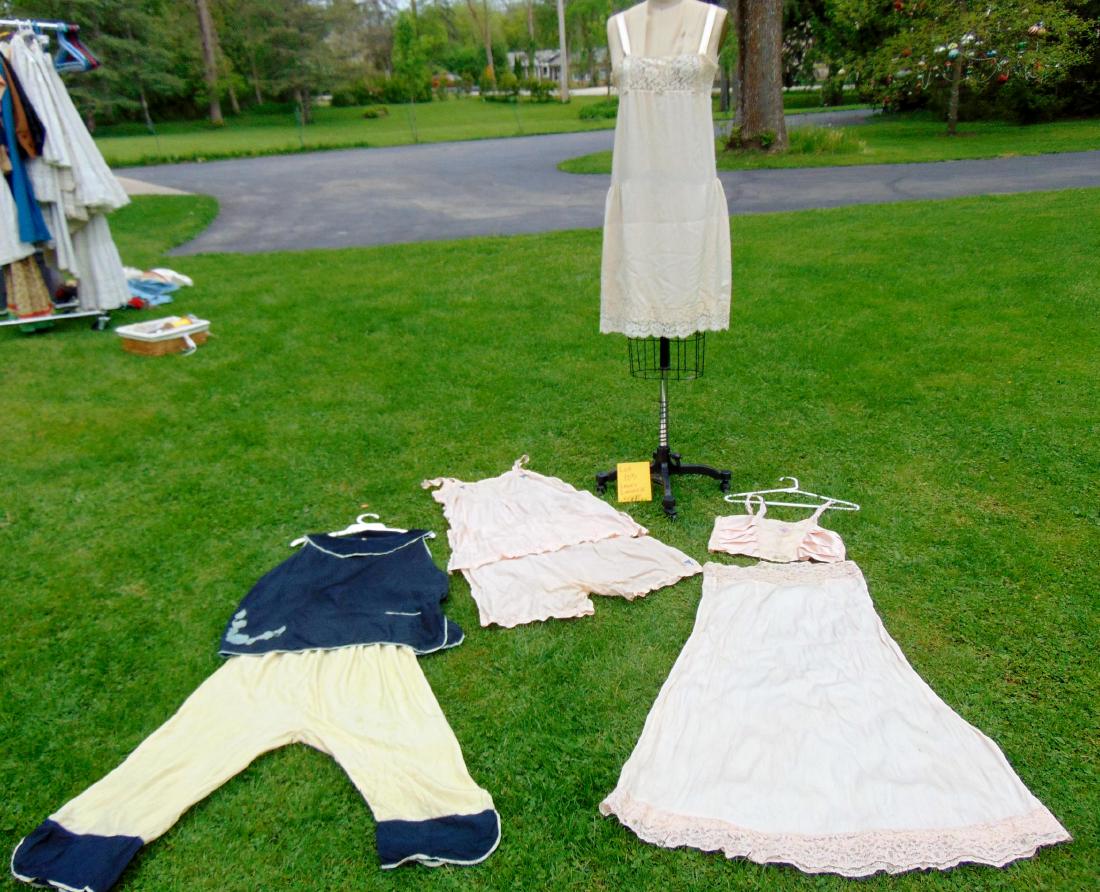 1920's - 1930's Ladies Lingerie: Lot of 1920's-1930's ladies lingerie: lace slips, petti pants, silk pajamas set and camisole.