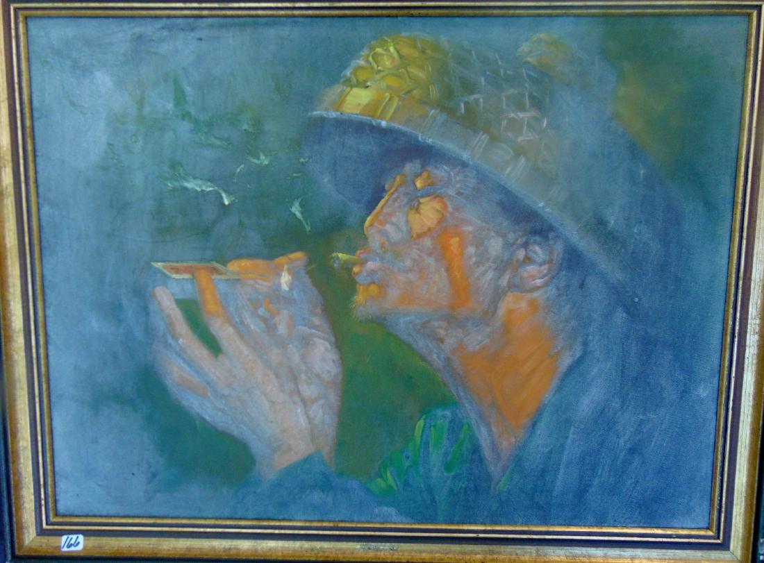 Vietnamese Oil On Canvas Asian Man Smoking: Vietnamese oil on canvas of Asian Man in elaborate Wicker hat smoking (framed 27" l x 21" h).