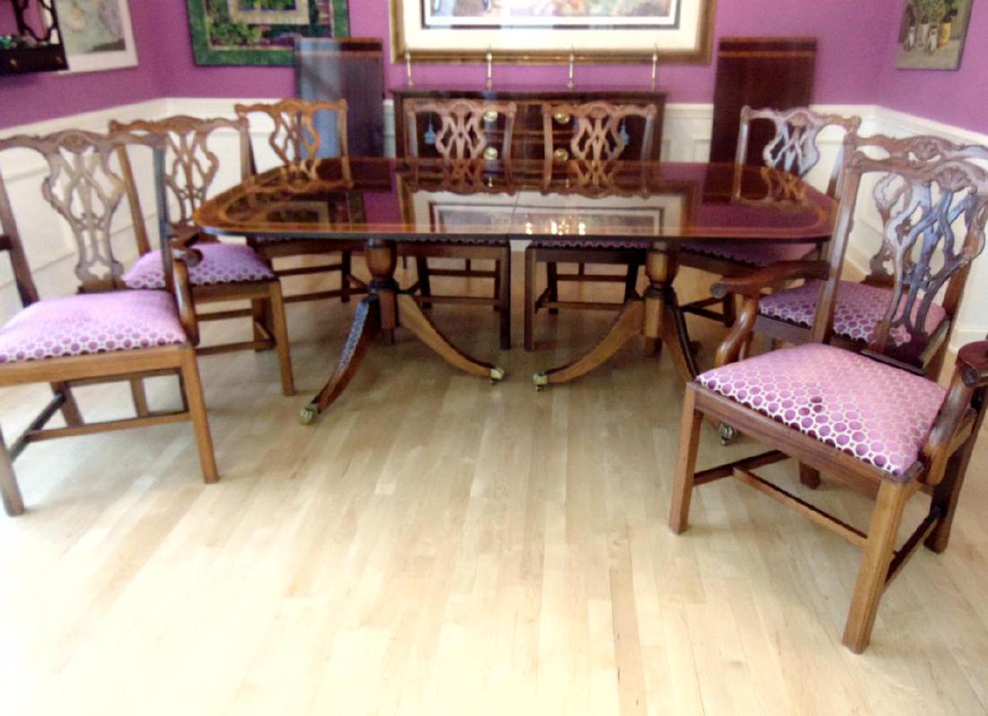 Councill Craftsman Federal Style Dining Room Table,: Councill Craftsman banded mahogany federal style dining room table with candice carved pedestals on brass claw feet along with Councill Craftsman Chippendale mahogany pierced carved dining chairs with