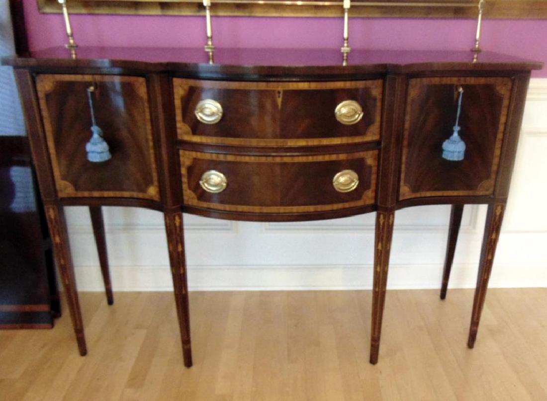 Councill Craftsman Serpentine Sideboard: Councill Craftsman flamed mahogany serpentine sideboard with banded inlays, brass gallery with excellent French polish finish. From the top of the gallery this high quality federal style buffet measur