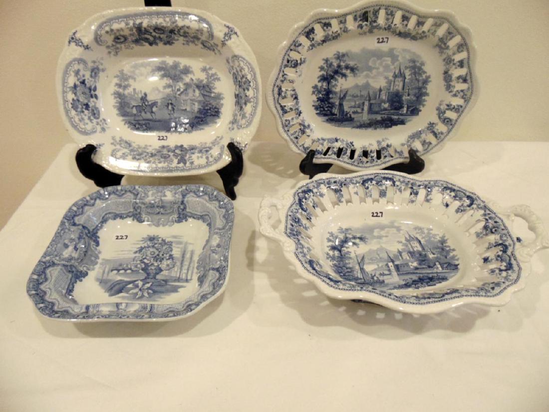 Antique Blue Transferware Pommerani; Spode Seasons: 4 antique blue transferware pieces to include lattice edge bowl with handles (9'' h x 12" w); matching under plate (11" l" x 9" across), the reverse reads Pommerani J. R; open vegetable bowl with scen