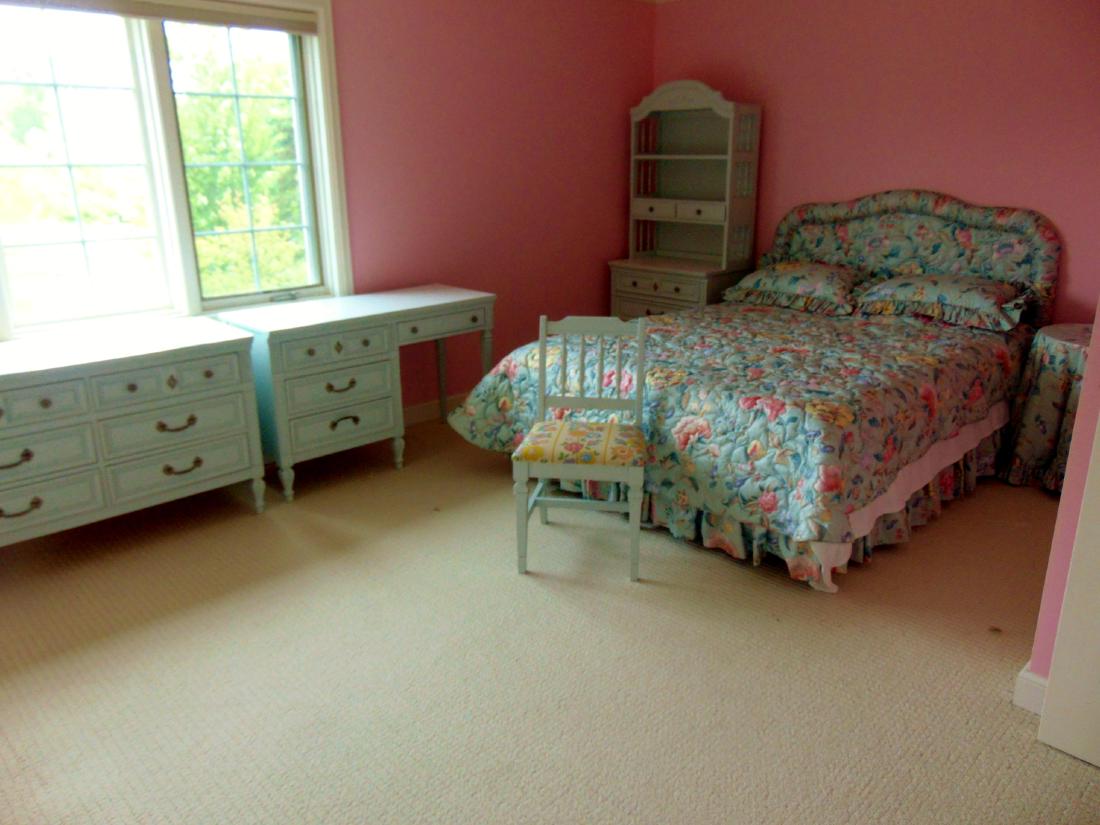 French Country Bedroom Set: French Country, powder blue bedroom set with custom upholstered headboard, bedspread, pillow shams and table cover. Includes mattress, box spring & frame, 3 drawer bookshelf, 4 drawer desk with chair,