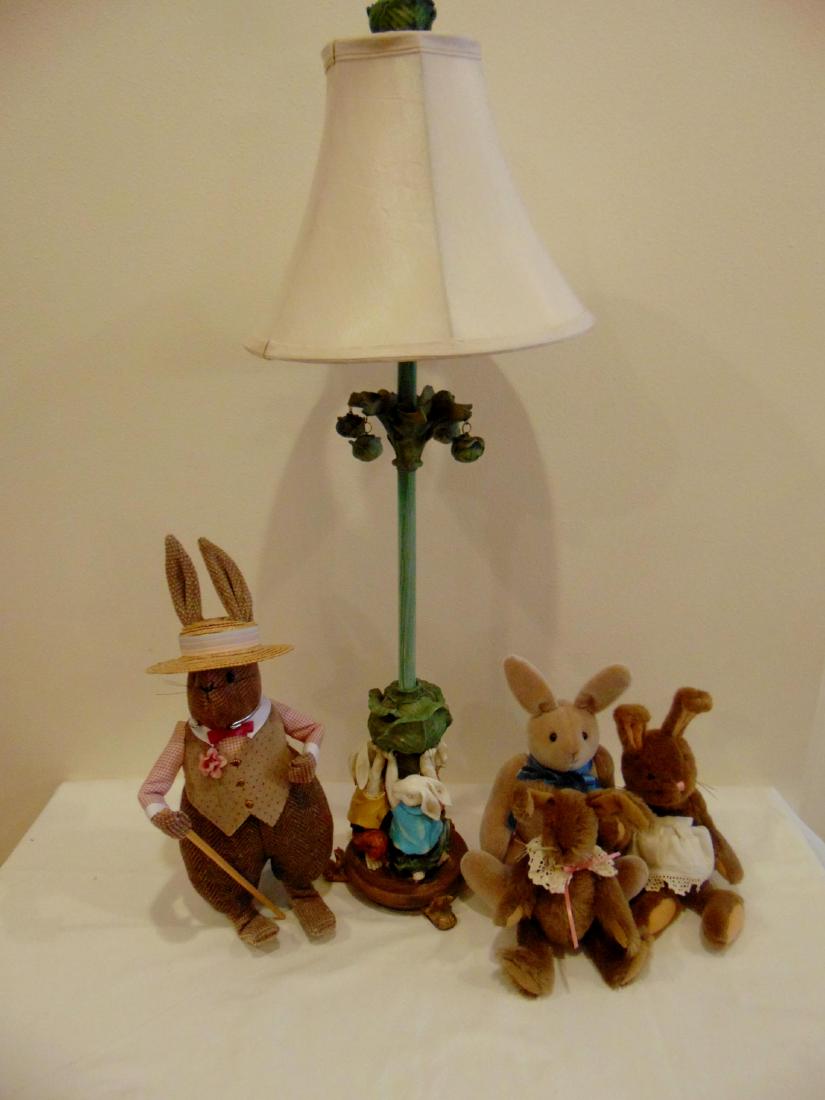 Bunny Lamp, Mr. Rabbit, Jointed Stuffed Bunnies: Custom made bunny lamp with silk shade along with folk art, hand made Mr. Rabbit with cane, on stand and 3 other jointed stuffed bunnies.