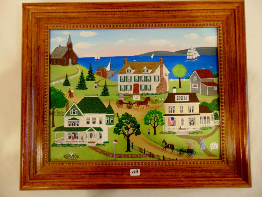 Barbara Steele Oil On Board Folk Art, Signed: B. Steele, 1991 Contemporary Folk Art, oil on board, depicting New England seaside village with bed & breakfast and church (14.5" h x 18" w).