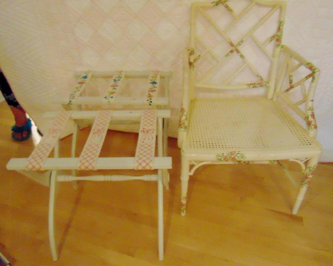 Cane Seat Chair: Painted bamboo cane seat chair with floral rose maul decorations along with 2 needlepoint luggage holders.