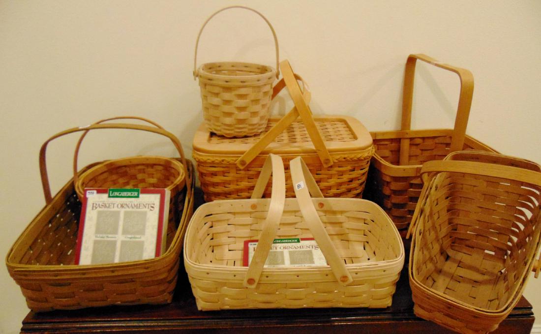 Lot of Longaberger Baskets: Longaberger and other decorative baskets along with Longaberger coasters.