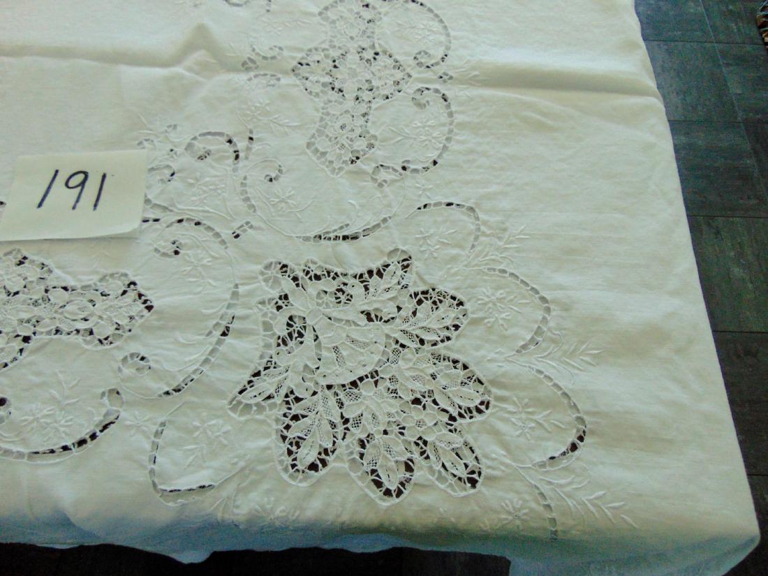 Battenburg Banquet Size Tablecloth: Battenburg cutwork and embroidered tablecloth, banquet size, in excellent condition (81" l x 67" w).