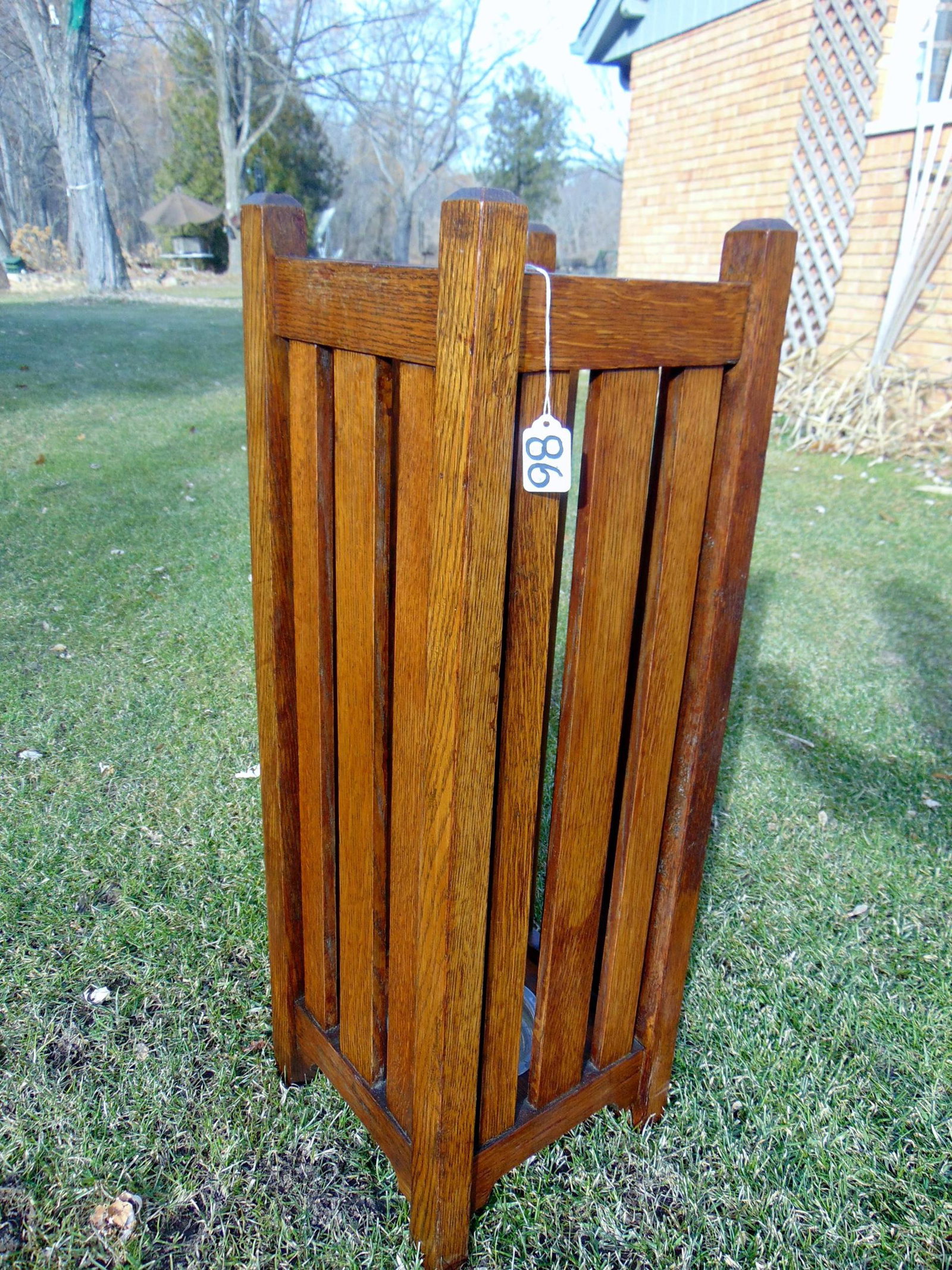 Mission Arts and Crafts Oak Umbrella Stand: A Mission Arts and Crafts Oak Umbrella Stand with Chrome Plate in the base in great condition. It measures 32"Tx11"Square.