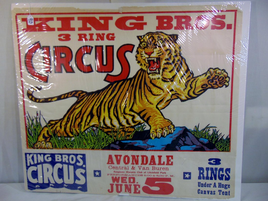 Rare Circus Poster of the King Bros. 3-Ring Circus: This is a Rare Poster of the King Bros. 3 Ring Circus depicting a pouncing tiger in vivid colors. This poster is advertising performances in Avondale, Central and Van Buren. Auspices: Kiwanis Club of