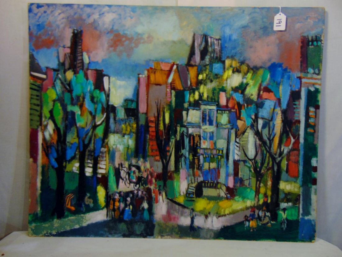 Nikola Bjeljac Oil on Masonite depicting City Scape: Nikola Bjeljac, Cubist Oil on Masonite depicting a city scape. It measures 24" Tall x 30" Wide