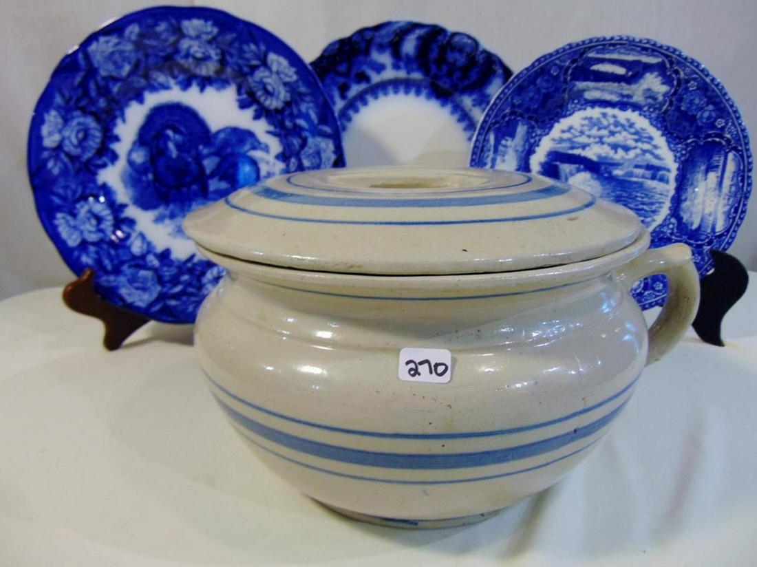 Red Wing Blue Stripe Chamber Pot with Lid and Flow Blue (1 of 2)