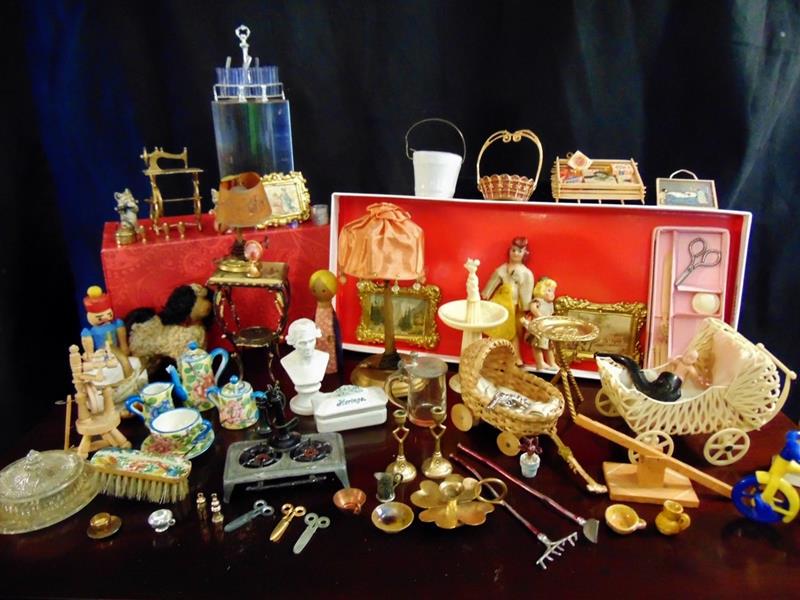 Victorian Doll Furniture: High End Victorian Doll Furniture and Accessories to include Parlor Table, Side Table, Sewing Machine, Yard Tools, exceptional Celluloid Baby Buggy, Miniature Crockeries, Metal and Glass Drink Set, La