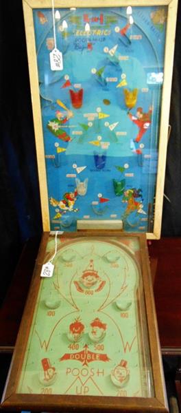 2 Tabletop Pinball Machines: 2 Tabletop Pinball Machines: one dated 1933 with Blackface Character entitled "Double Poosh Up" measuring 17"Tx11"W and the other is entitled "Electric Poosh-M-Up" " Big 5" and measures 23"Tx13"W.