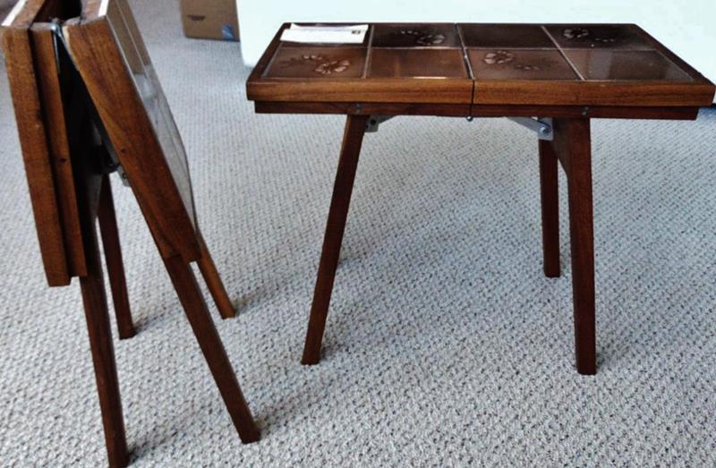 MCM Tile Top Folding Tables (pair): Mid Century Tile Top Folding Tables (pair). Thesse tables are Teak Danish Modern and measure 16"Tx18.5"Lx9.5"D